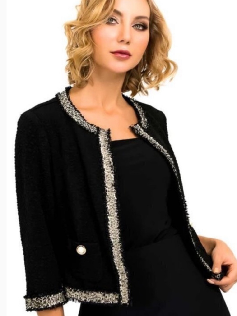Joseph Ribkoff Blazer Womens 12 Black Cropped Open Front Braided Trim